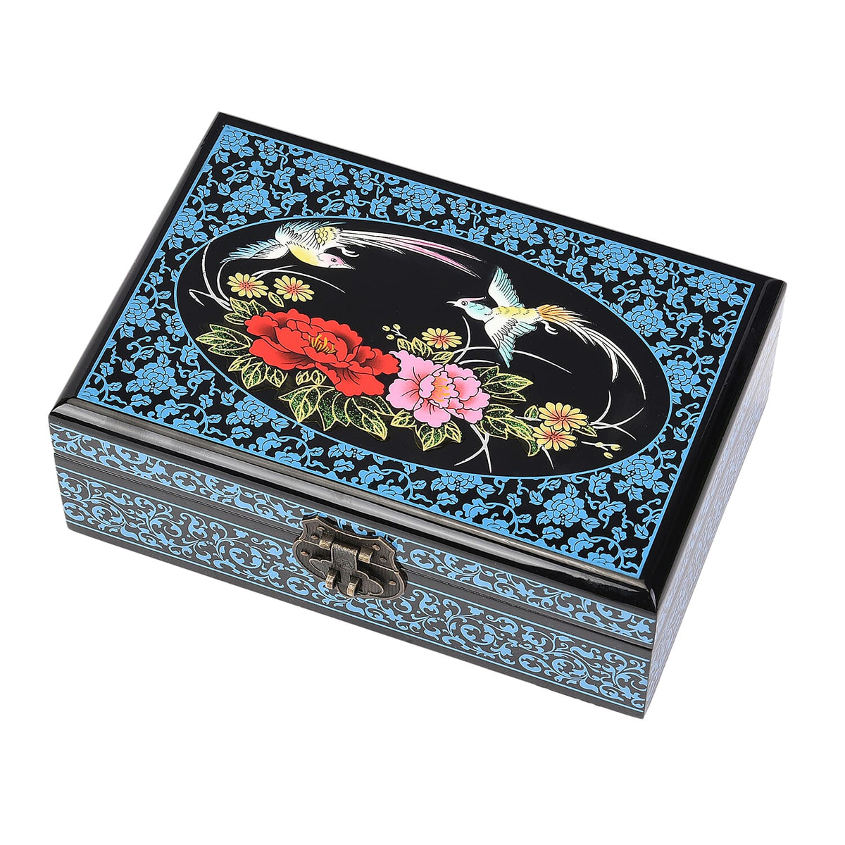 2 Layer Floral Pattern Jewellery Box with Inside Mirror and Removable Tray Portable Jewellery Organiser for Necklace, Earrings, Bracelets, Rings and Accessories - Blue and Black 6239635 4