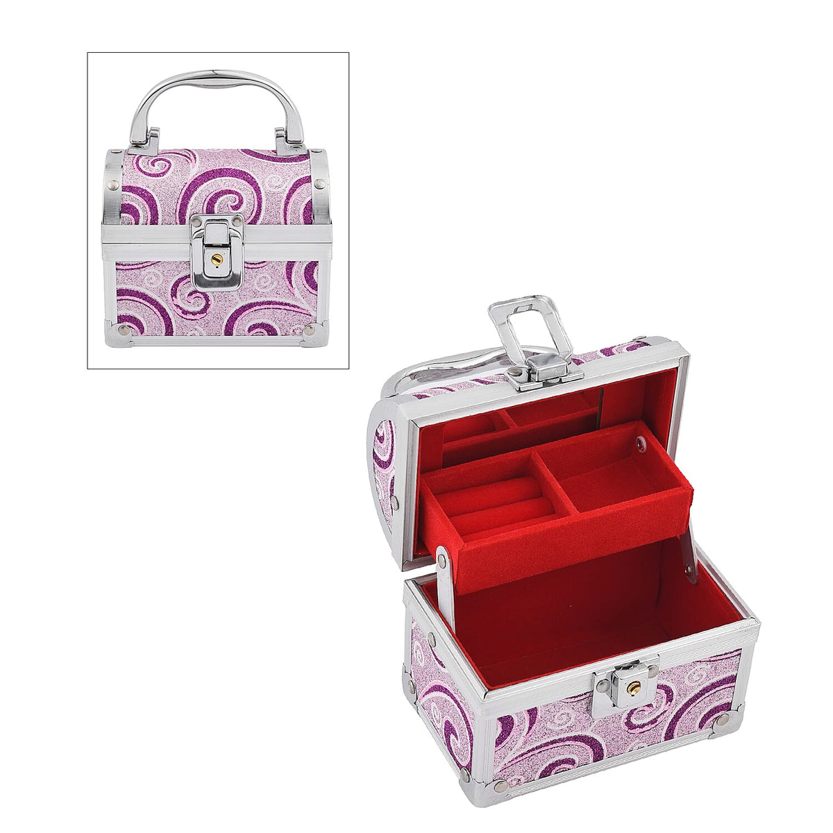 2 Layer Flower pattern Aluminium Jewellery Organiser with Handle, Lock and Inside Mirror, Jewellery Box for Necklace, Earrings, Bracelets, Rings, Watches and Accessories for Women's and Girls- Purple 7590293 0