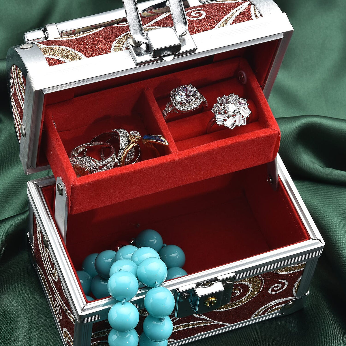 2 Layer Flower pattern Aluminium Jewellery Organiser with Handle, Lock and Inside Mirror, Jewellery Box for Necklace, Earrings, Bracelets, Rings, Watches and Accessories for Women's and Girls- Purple 7590293 2