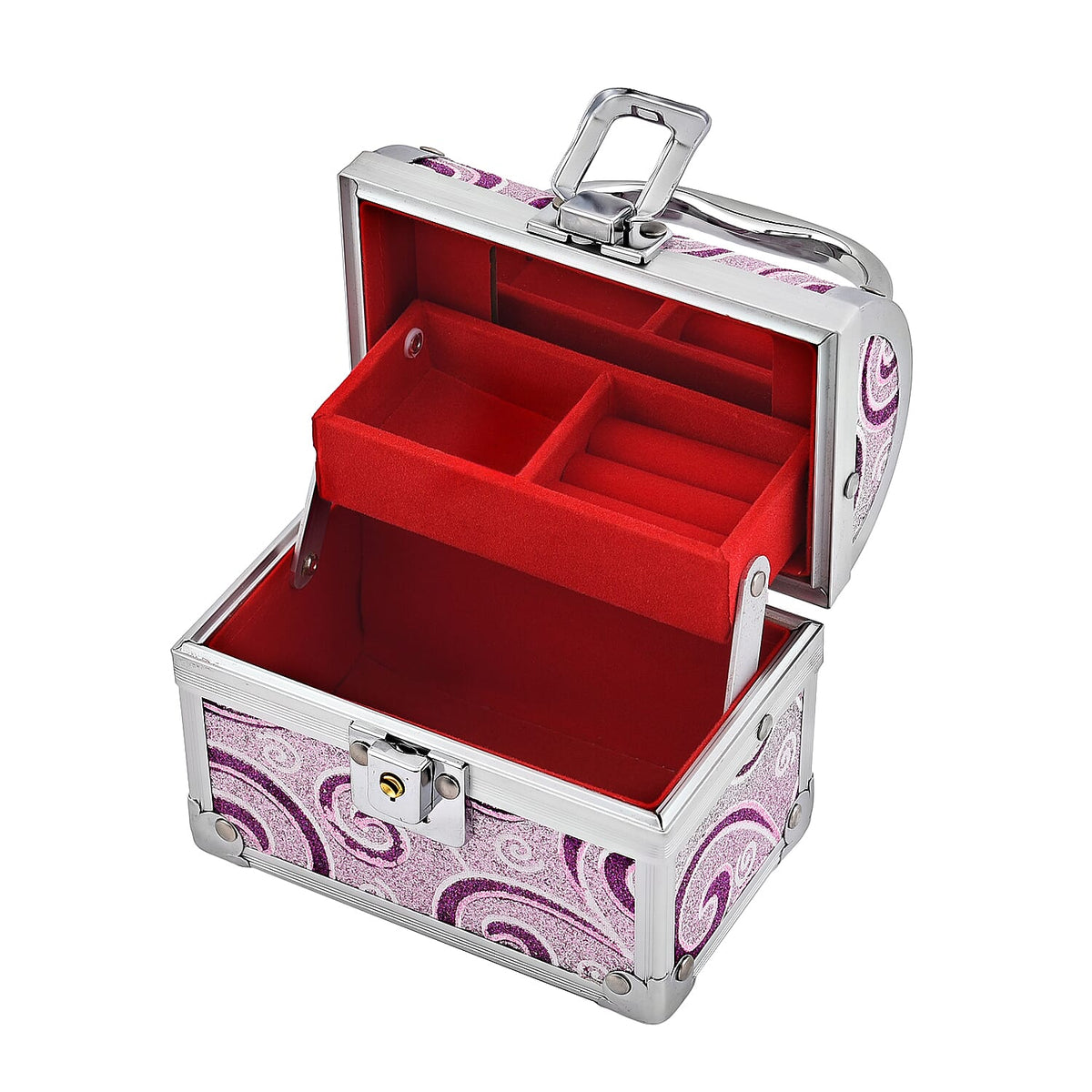 2 Layer Flower pattern Aluminium Jewellery Organiser with Handle, Lock and Inside Mirror, Jewellery Box for Necklace, Earrings, Bracelets, Rings, Watches and Accessories for Women's and Girls- Purple 7590293 5