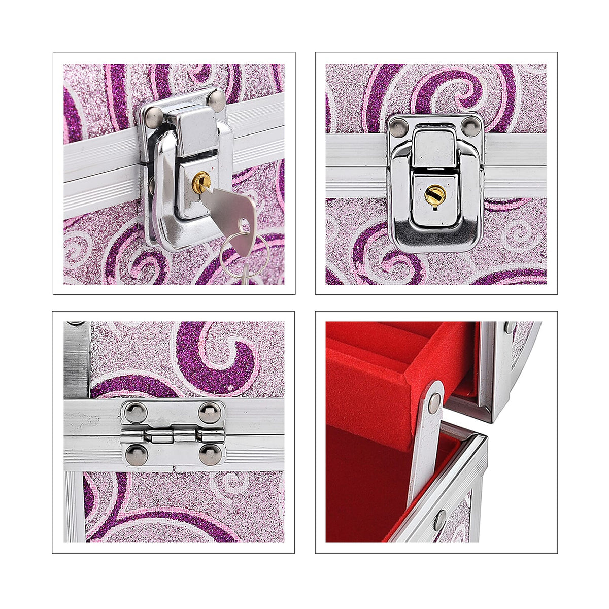 2 Layer Flower pattern Aluminium Jewellery Organiser with Handle, Lock and Inside Mirror, Jewellery Box for Necklace, Earrings, Bracelets, Rings, Watches and Accessories for Women's and Girls- Purple 7590293 6