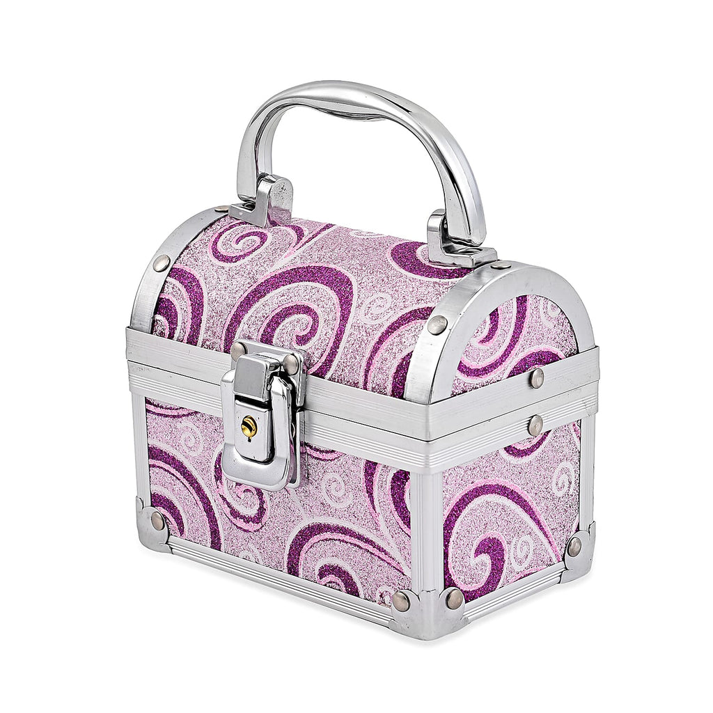 2 Layer Flower Pattern Aluminium Jewellery Organizer with Handle, Lock and Inside Mirror (Size 12x10x7.5 Cm) - Purple