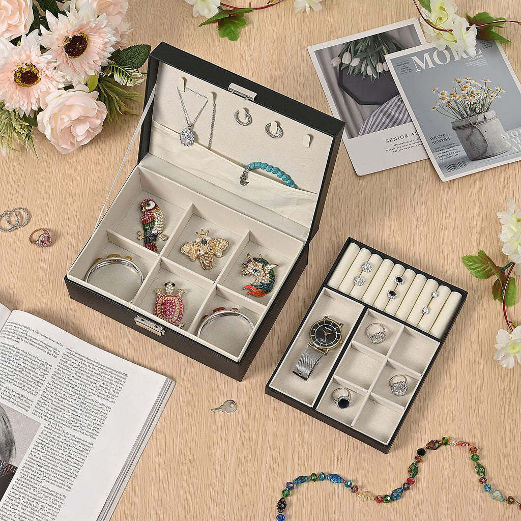 2 Layers Jewellery Box, Elegant Jewellery Organiser With Lock And Key - Black