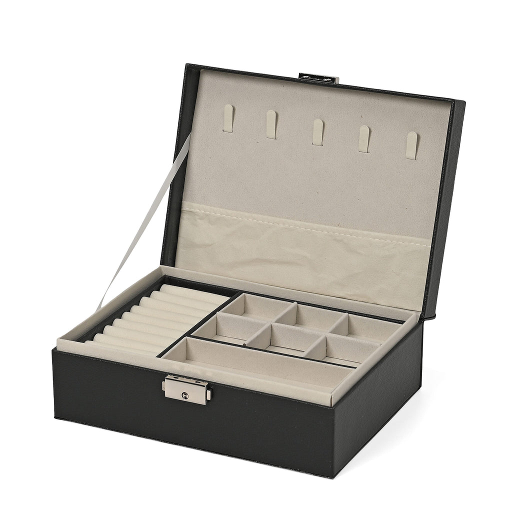 2 Layers Jewellery Box, Elegant Jewellery Organiser With Lock And Key - Black