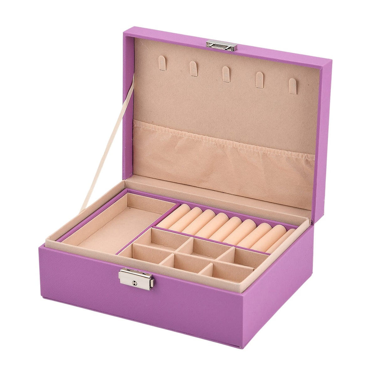 2 Layers Jewellery Box, Elegant Jewellery Organiser With Lock And Key - Purple V32721401 0