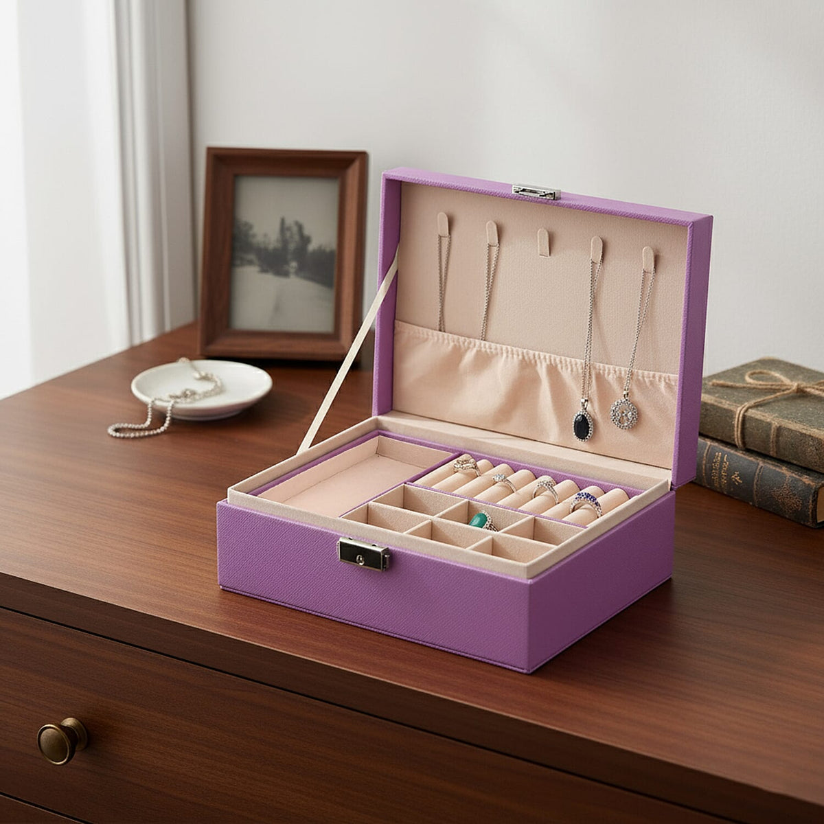 2 Layers Jewellery Box, Elegant Jewellery Organiser With Lock And Key - Purple V32721401 2
