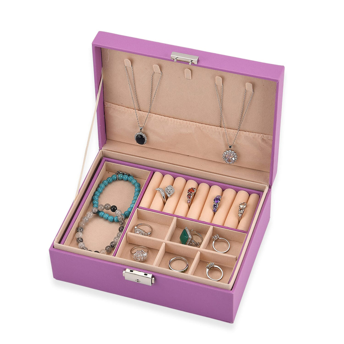 2 Layers Jewellery Box, Elegant Jewellery Organiser With Lock And Key - Purple V32721401 5