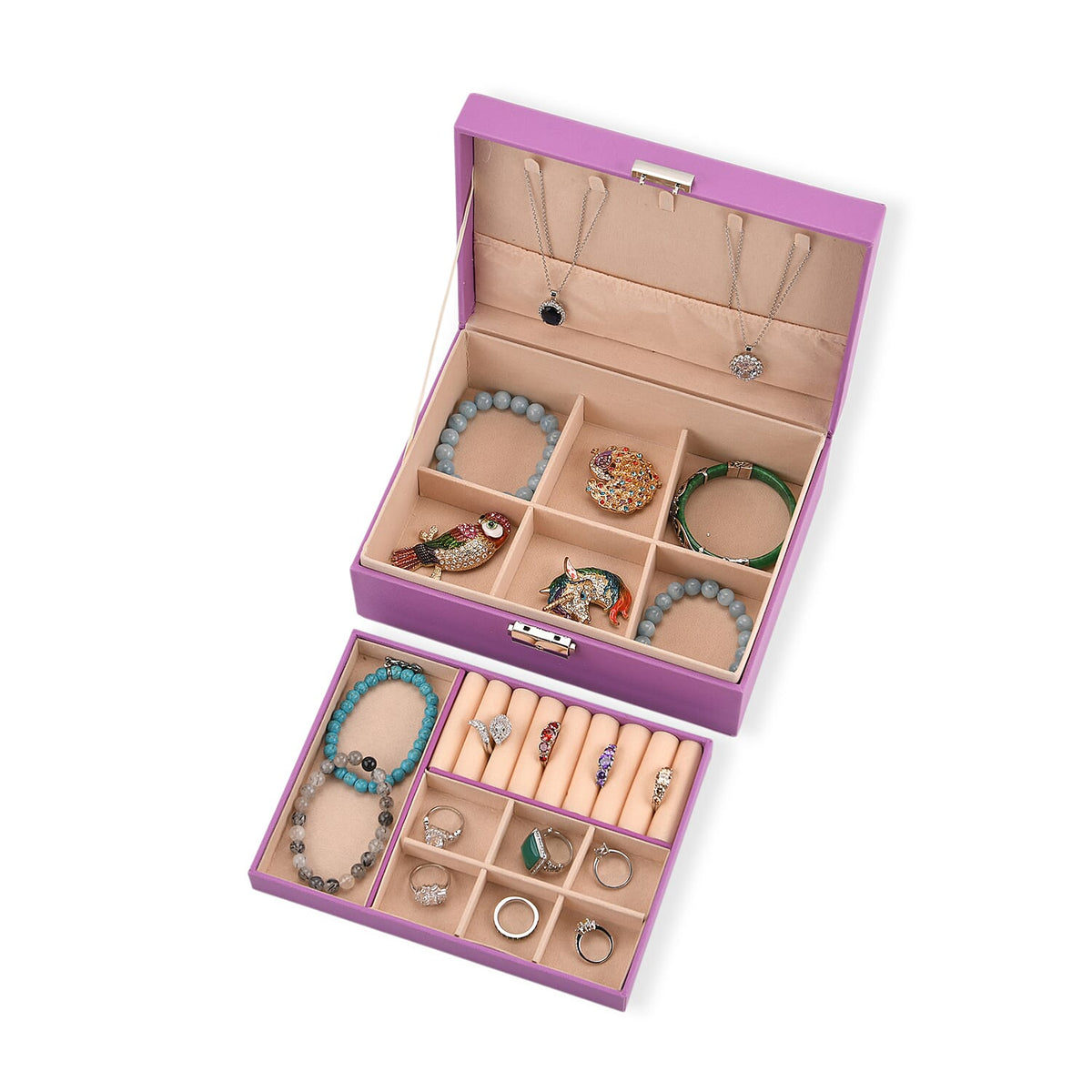 2 Layers Jewellery Box, Elegant Jewellery Organiser With Lock And Key - Purple V32721401 6