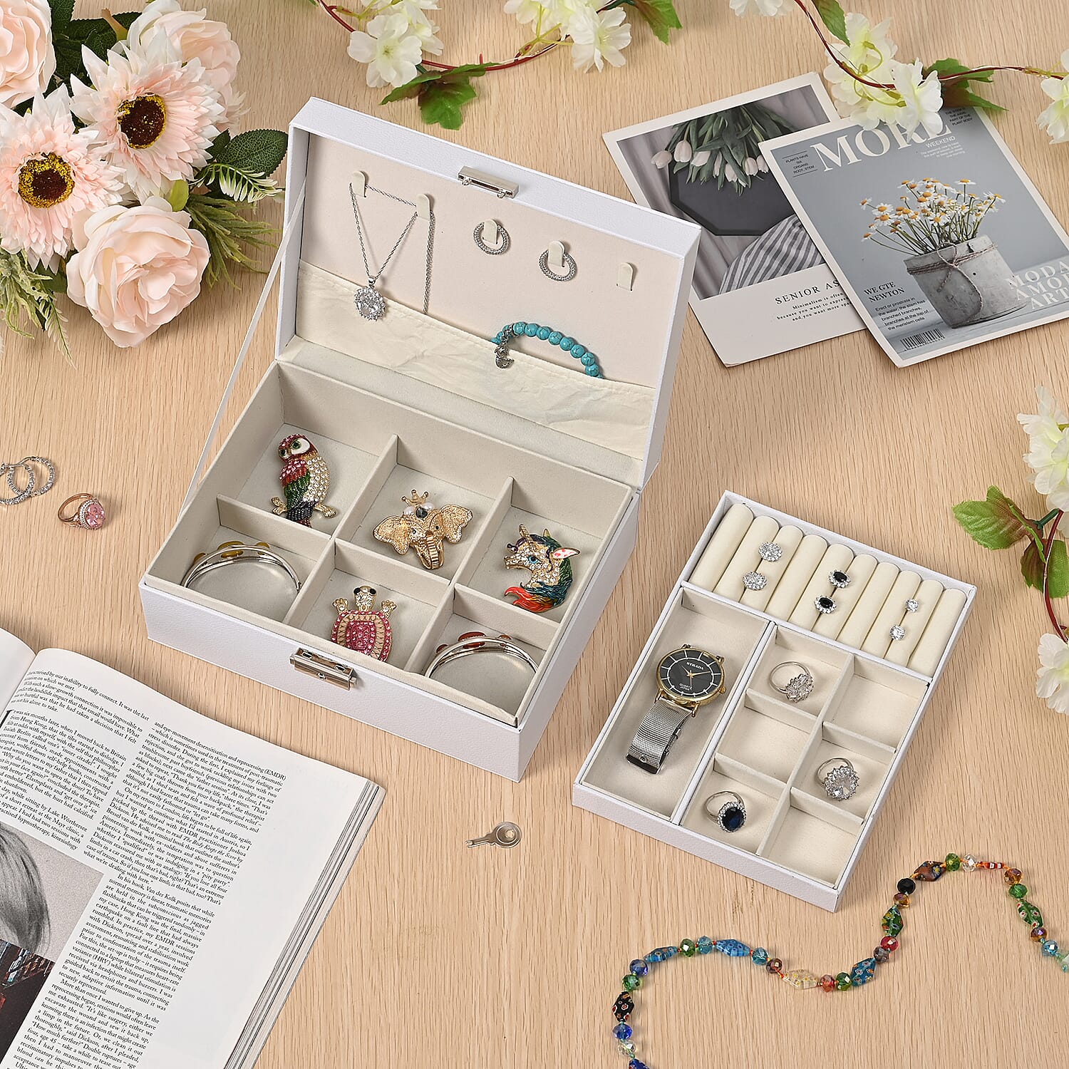 2 Layers Jewellery Box, Elegant Jewellery Organiser With Lock And Key - White 8366491 2