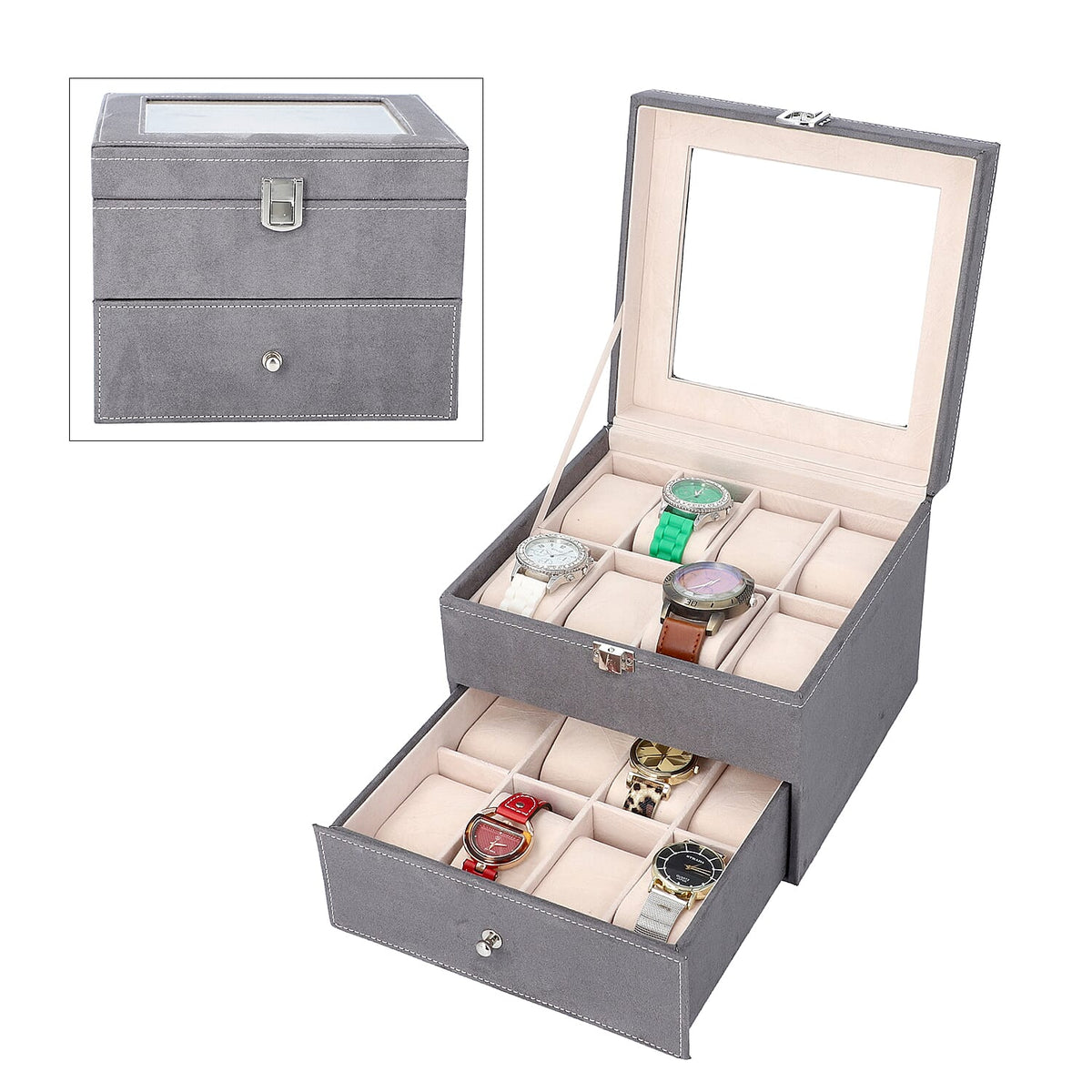 2 Layer Velvet Watch Box with Transparent Window and Lock - Grey 7425148 0