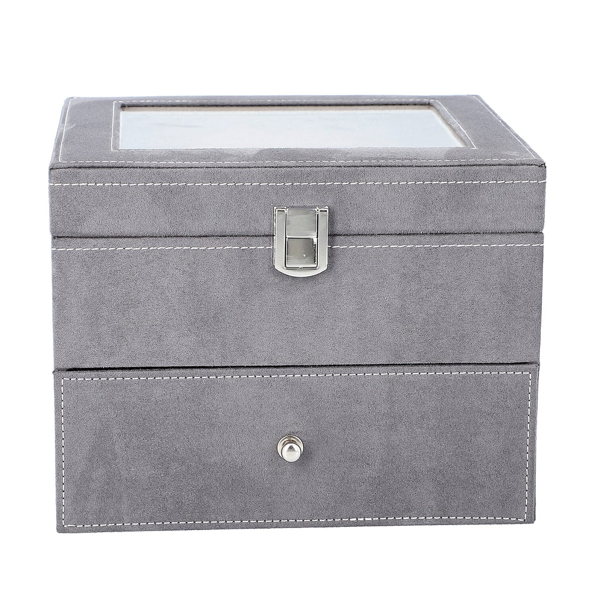 2 Layer Velvet Watch Box with Transparent Window and Lock - Grey 7425148 2