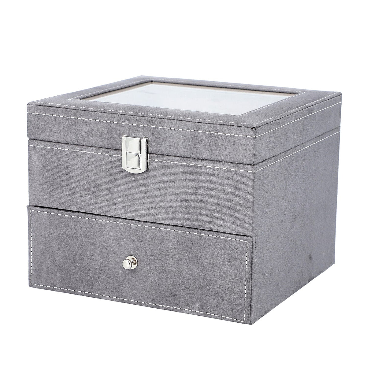 2 Layer Velvet Watch Box with Transparent Window and Lock - Grey 7425148 3