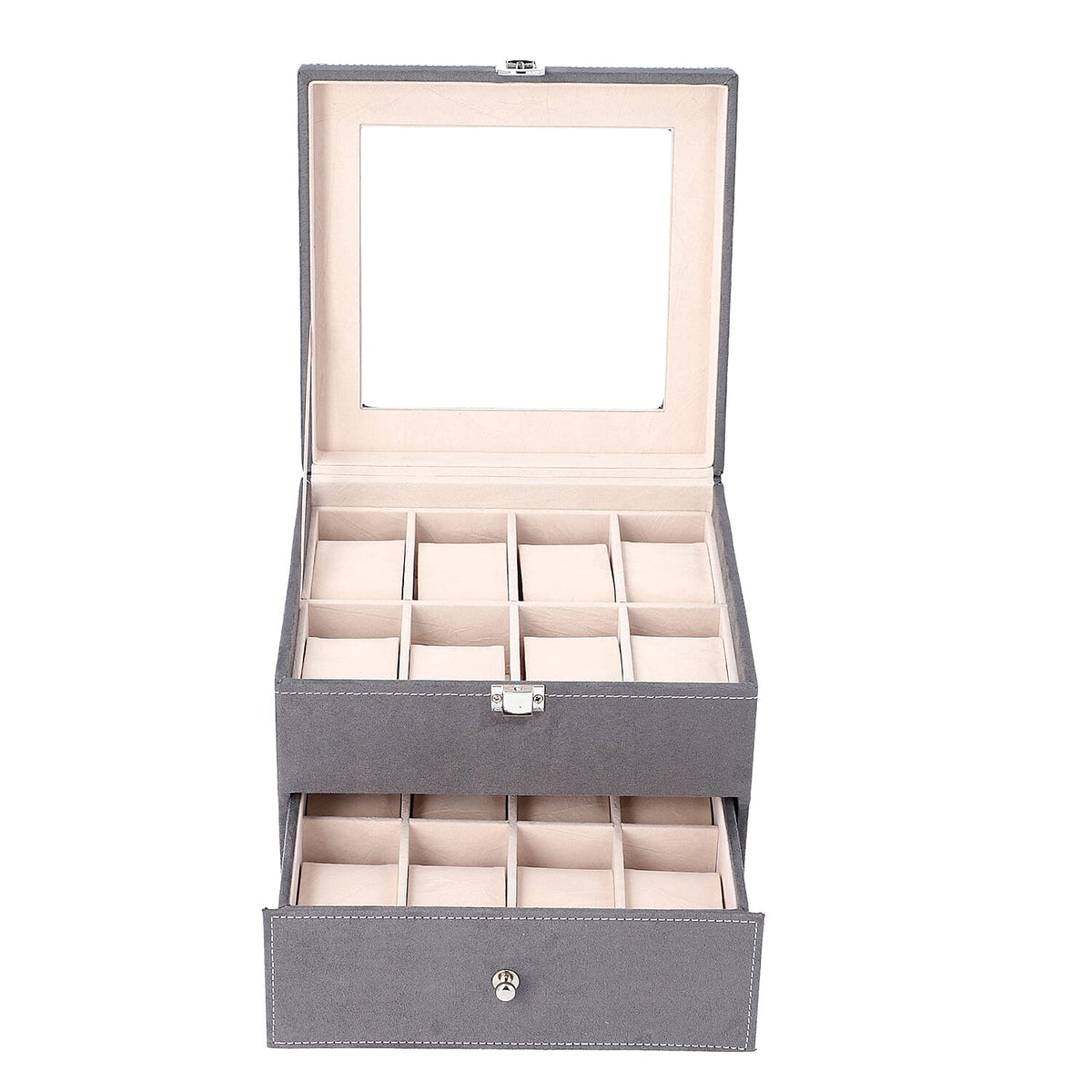 2 Layer Velvet Watch Box with Transparent Window and Lock - Grey 7425148 5