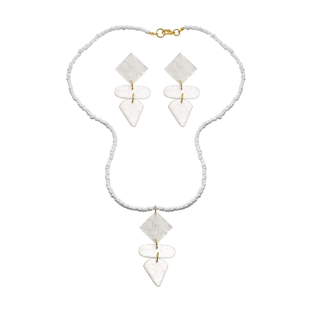 2 Piece Set - White Shell Pearl Pendant with Necklace (Size 22) and Earrings in Yellow Tone