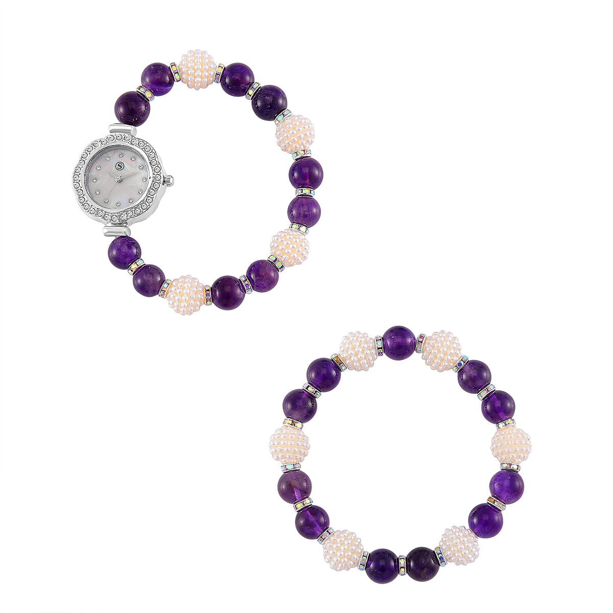 2 Piece Set -  African Amethyst,  Resin,  Austrian White Crystal Stone Bracelet and Watch 24.03ct  24.030  Ct. 4356359 0