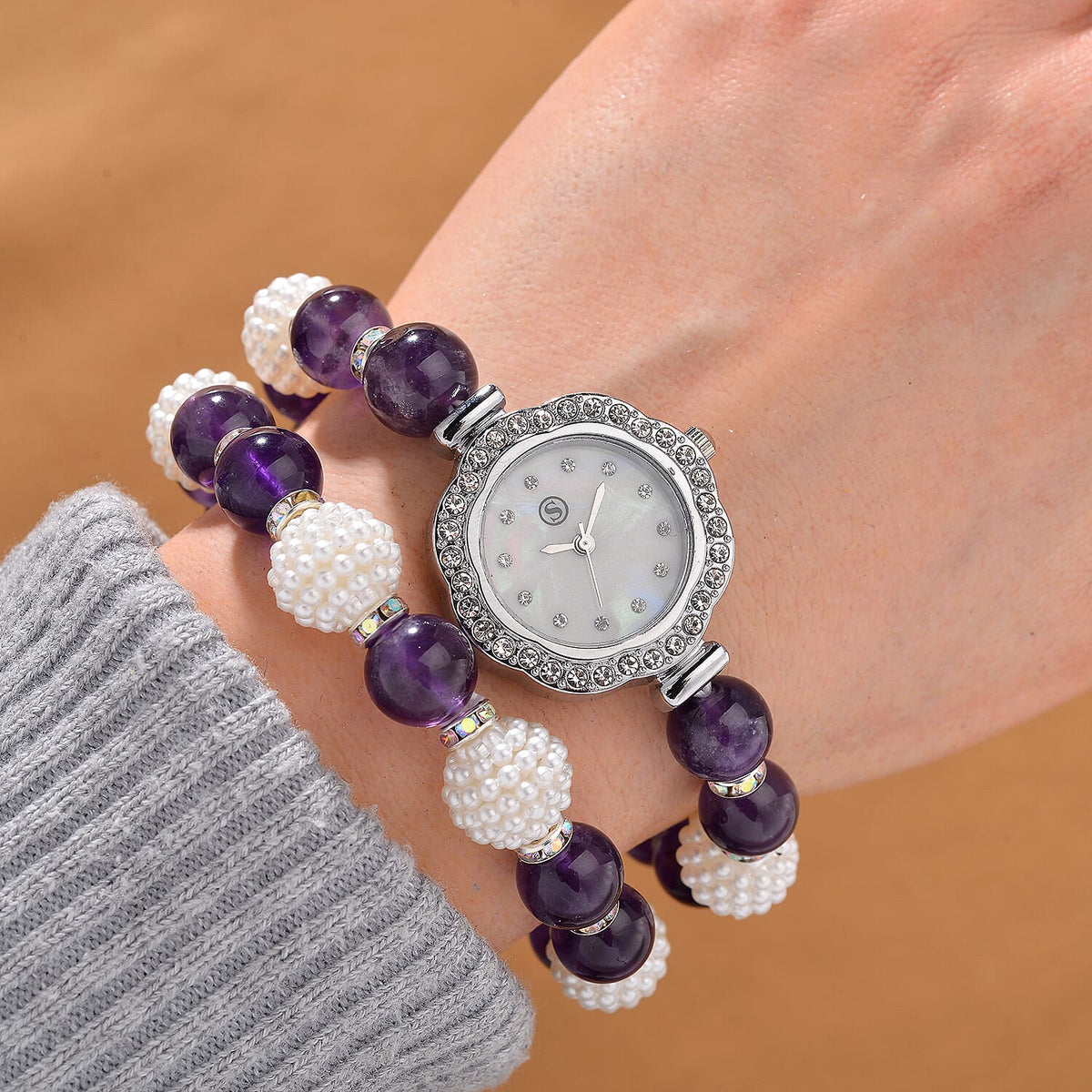 2 Piece Set -  African Amethyst,  Resin,  Austrian White Crystal Stone Bracelet and Watch 24.03ct  24.030  Ct. 4356359 2