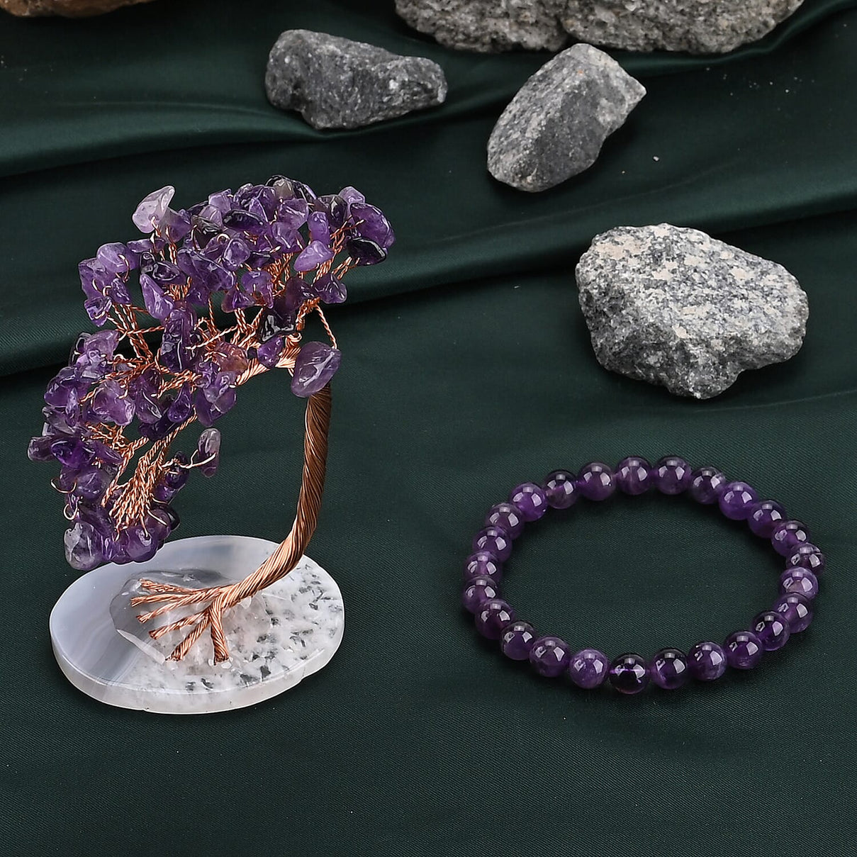 2 Piece Set - Zambian Amethyst Bracelet (Strechable) &amp; Gemstone Tree in Rose Gold Plated 290.00 Ct. 4421680 2