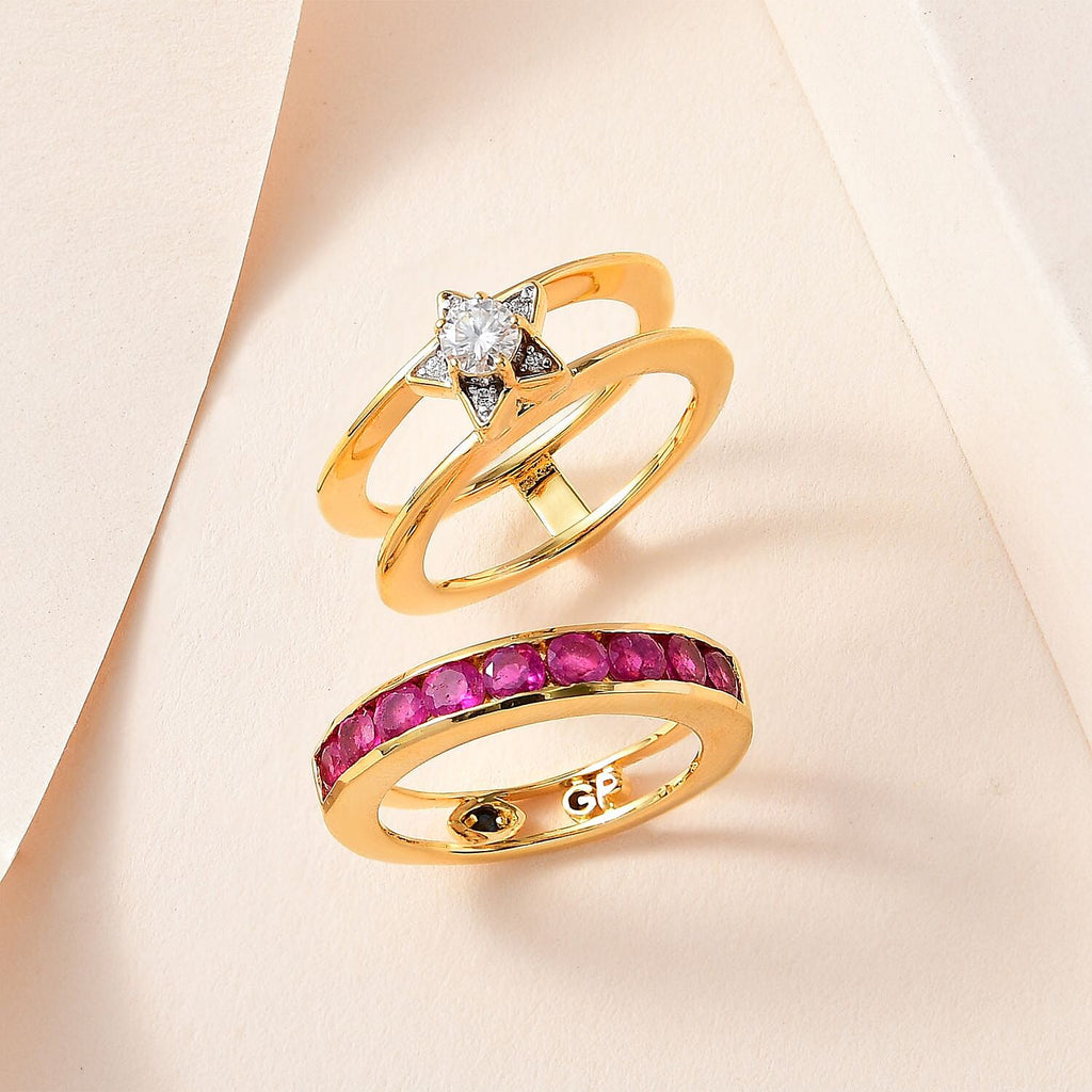 GP Celestial Collection - Set of 2 -  African Ruby & Moissanite Half -Eternity Band Ring in 18K Vermeil Yellow Gold Plated Sterling Silver 1.85 Ct.