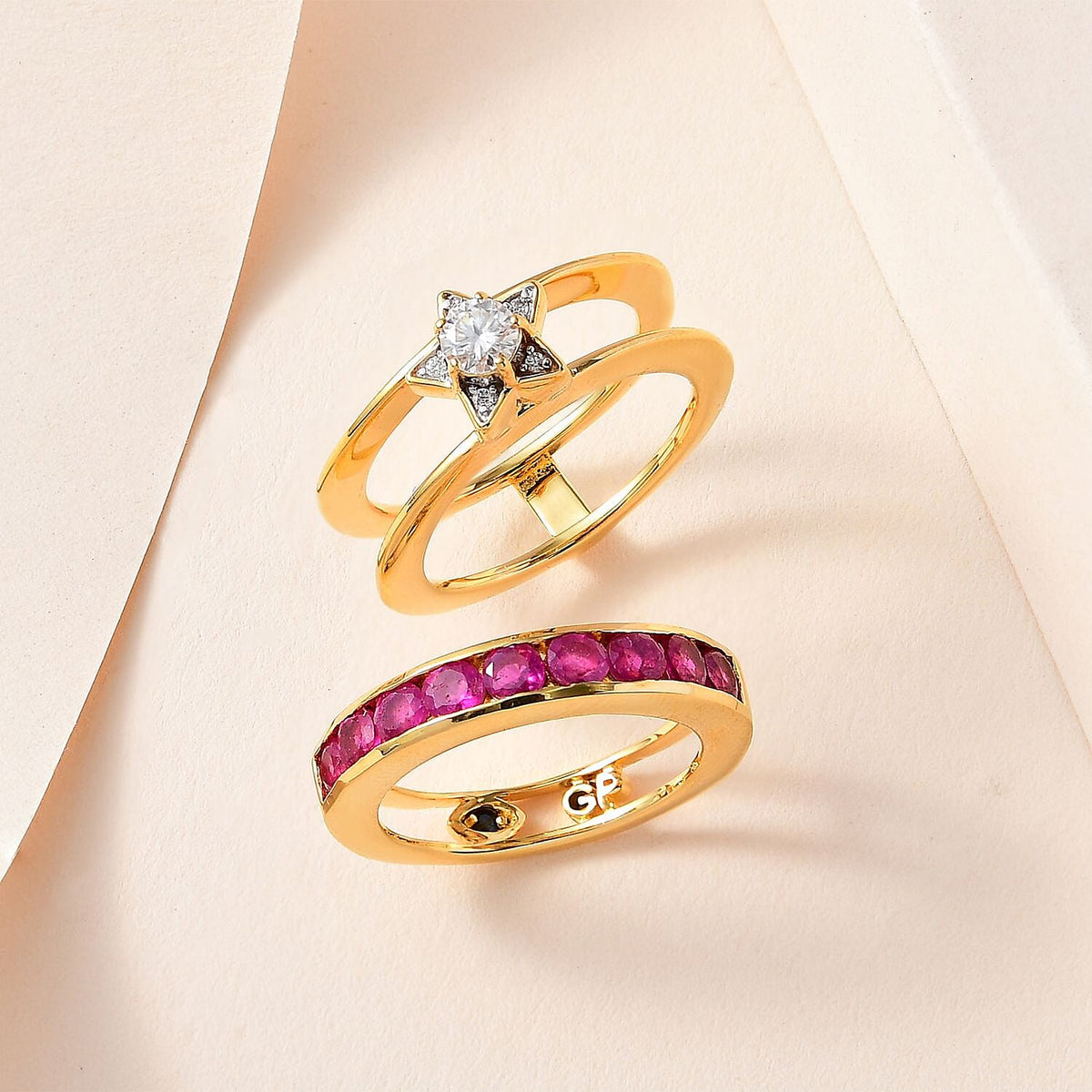 GP Celestial Collection - Set of 2 -  African Ruby &amp; Moissanite Half -Eternity Band Ring in 18K Vermeil Yellow Gold Plated Sterling Silver 1.85 Ct. 4234417 1