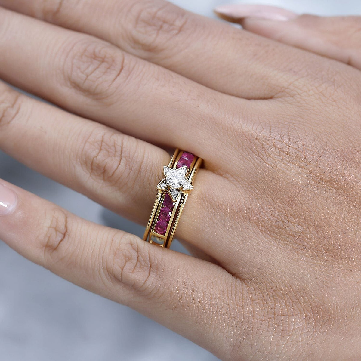 GP Celestial Collection - Set of 2 -  African Ruby &amp; Moissanite Half -Eternity Band Ring in 18K Vermeil Yellow Gold Plated Sterling Silver 1.85 Ct. 4234417 2