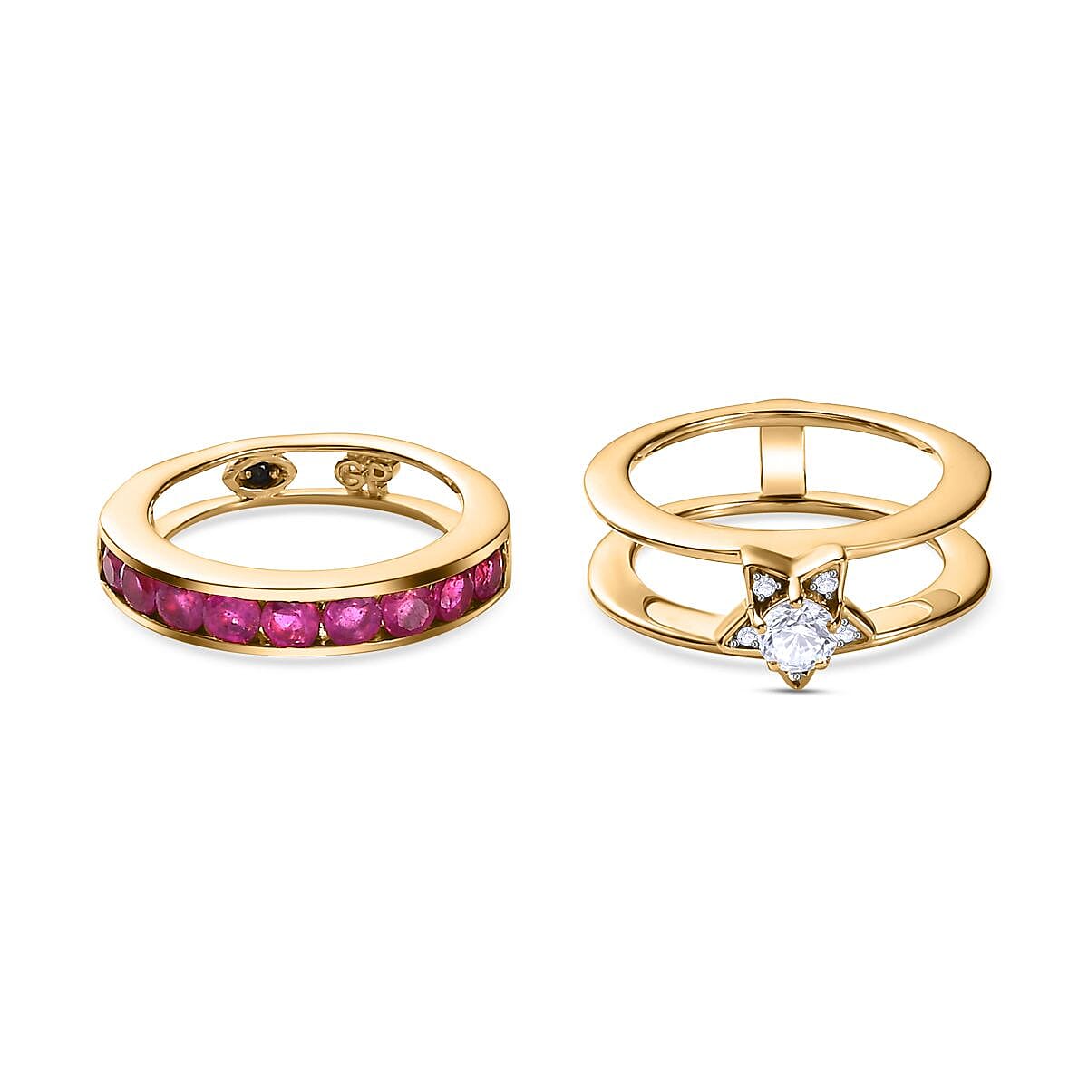 GP Celestial Collection - Set of 2 -  African Ruby &amp; Moissanite Half -Eternity Band Ring in 18K Vermeil Yellow Gold Plated Sterling Silver 1.85 Ct. 4234417 3