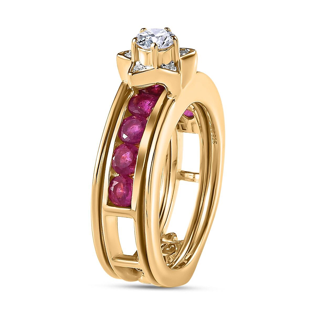 GP Celestial Collection - Set of 2 -  African Ruby &amp; Moissanite Half -Eternity Band Ring in 18K Vermeil Yellow Gold Plated Sterling Silver 1.85 Ct. 4234417 4