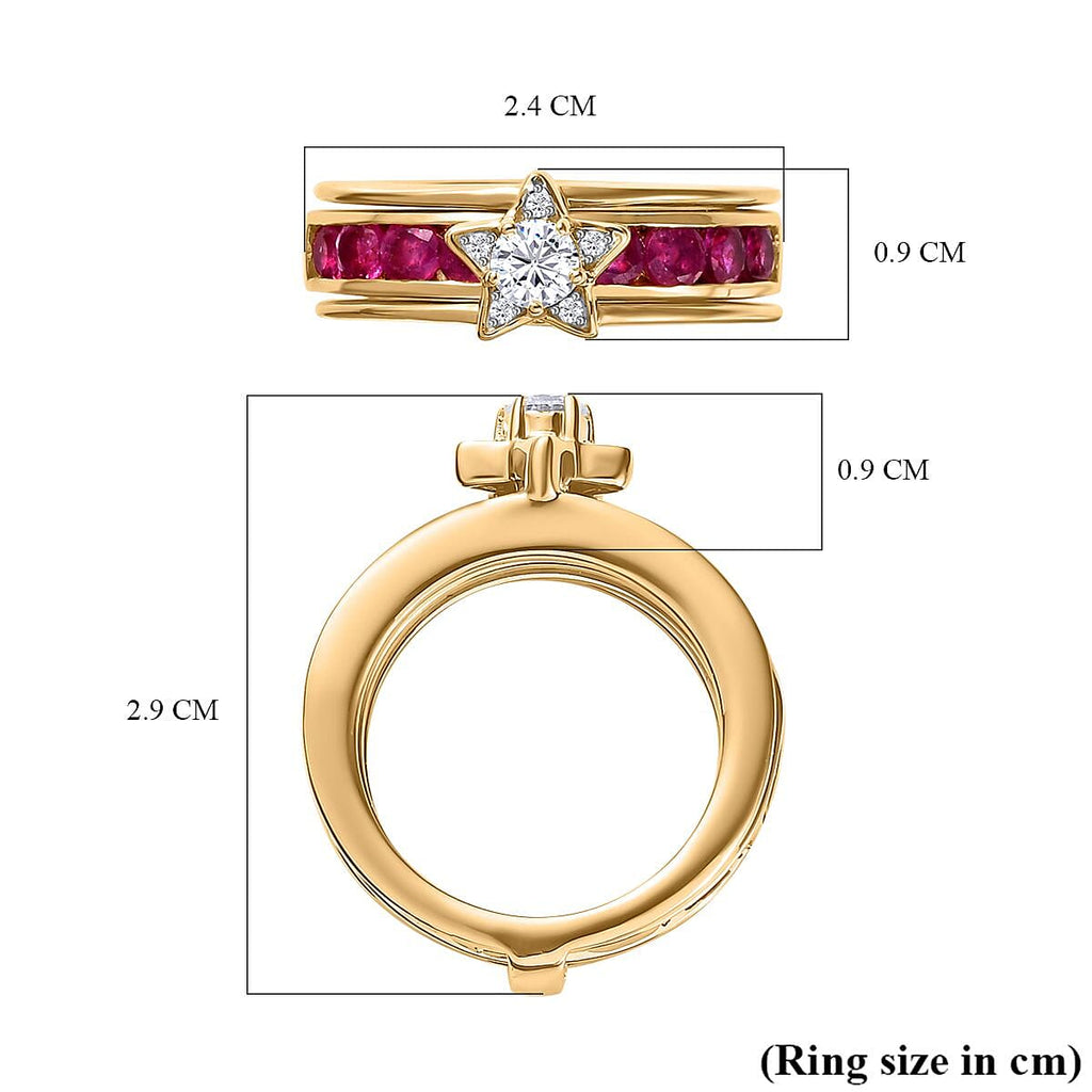 GP Celestial Collection - Set of 2 -  African Ruby & Moissanite Half -Eternity Band Ring in 18K Vermeil Yellow Gold Plated Sterling Silver 1.85 Ct.