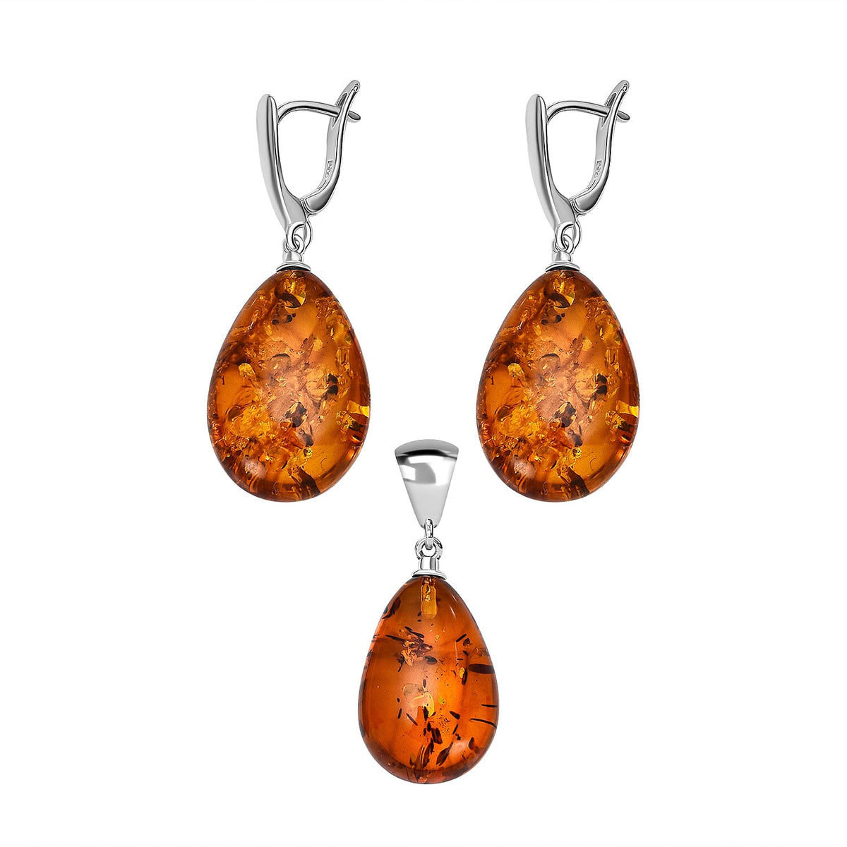 2 Piece Set -  Amber Pendant and Earrings with Clasp in Sterling Silver 4235407 0