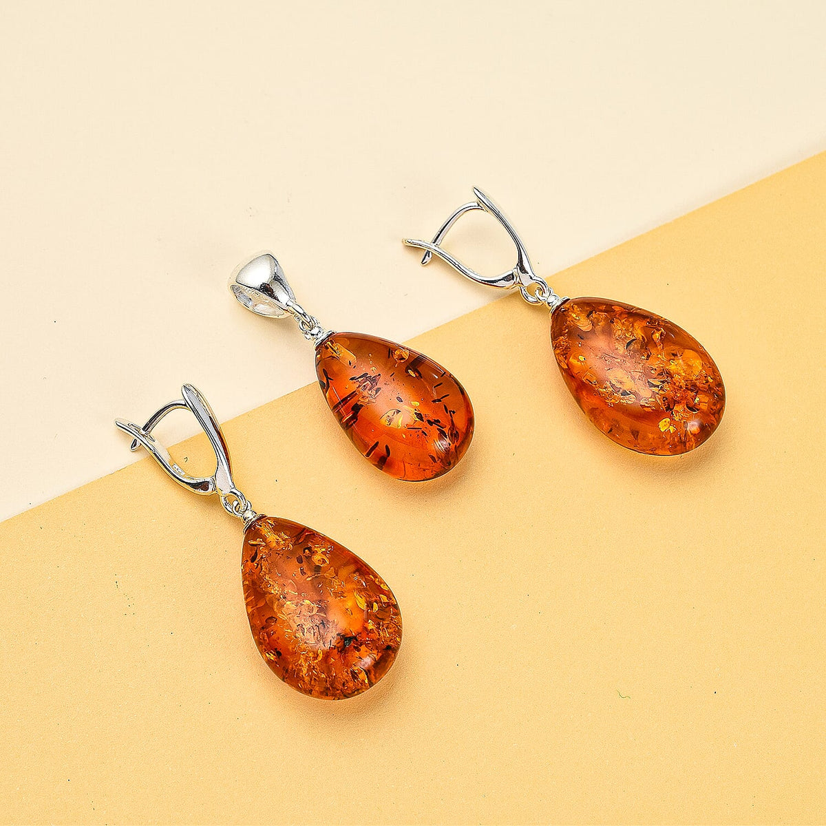 2 Piece Set -  Amber Pendant and Earrings with Clasp in Sterling Silver 4235407 1