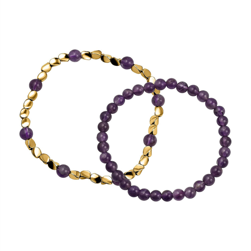 2 Piece Set - Amethyst Stretchable Beads Bracelet (Size - 7.5) 68.400 Ct