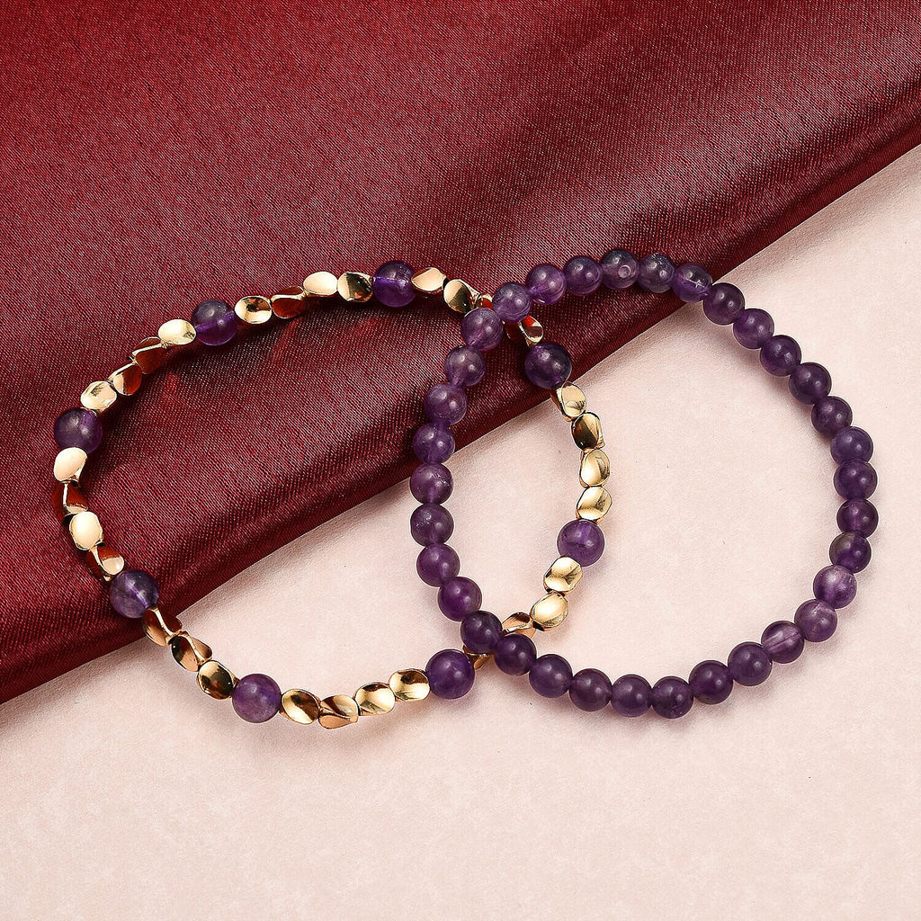 2 Piece Set - Amethyst Stretchable Beads Bracelet (Size - 7.5) 68.400 Ct