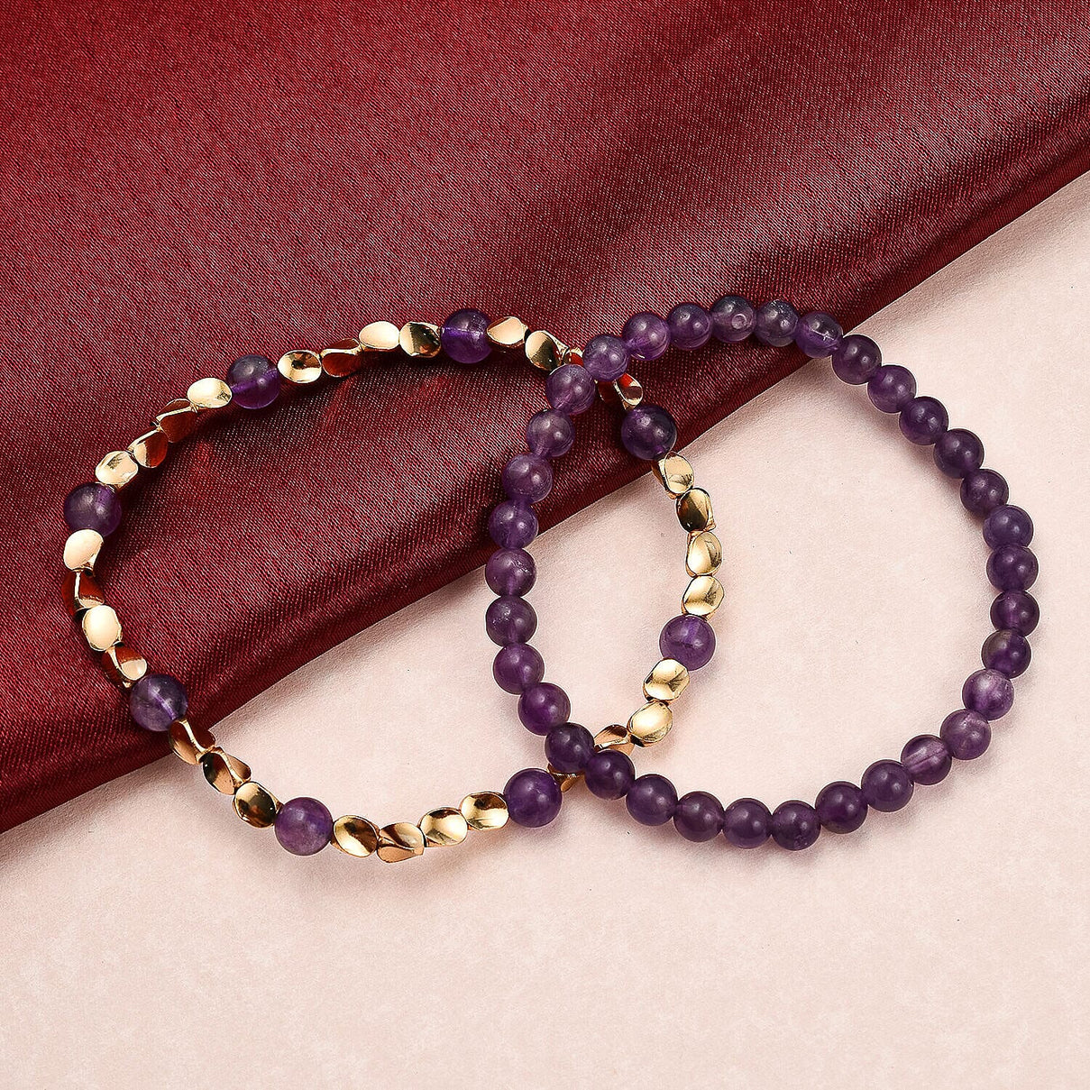 2 Piece Set - Amethyst Stretchable Beads Bracelet (Size - 7.5) 68.400 Ct 4223678 1