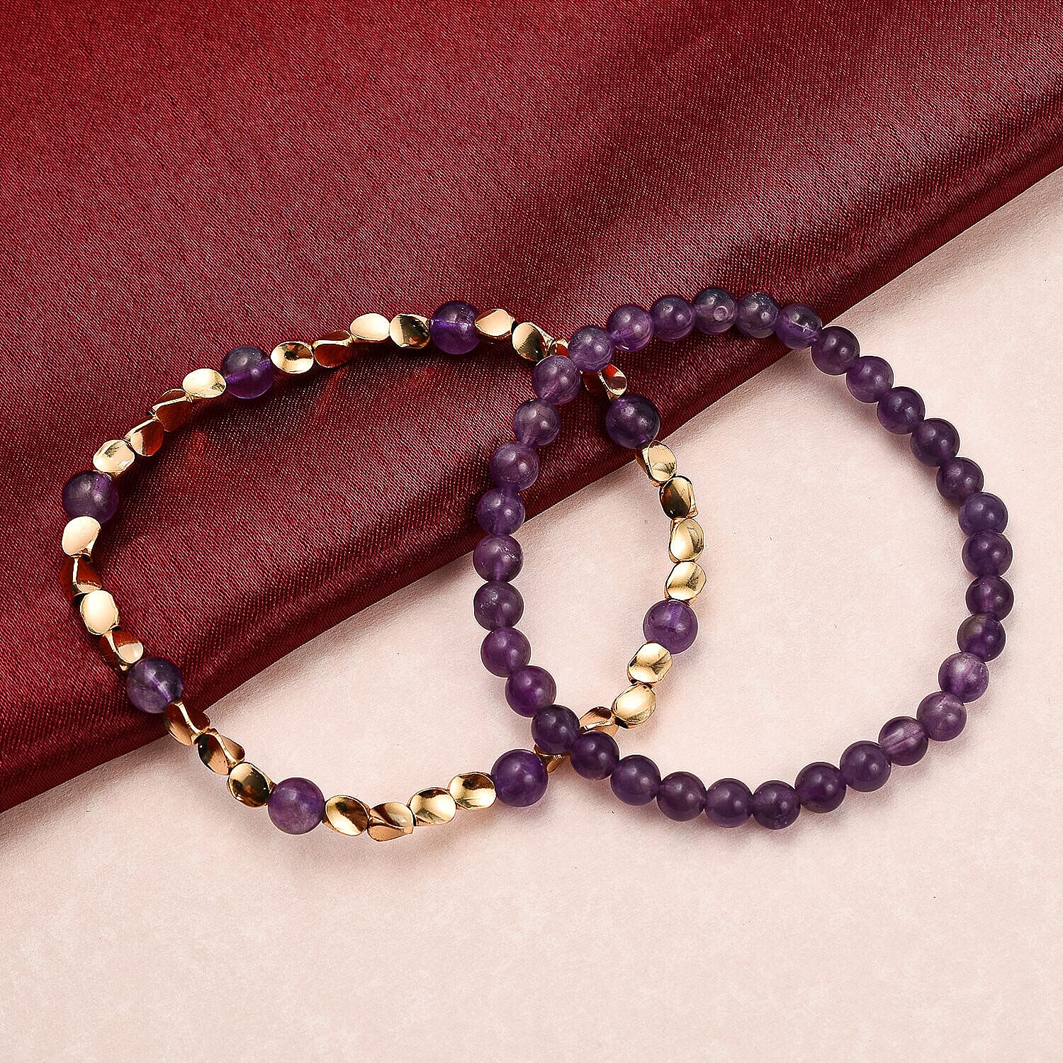 2 Piece Set - Amethyst Stretchable Beads Bracelet (Size - 7.5) 68.400 Ct 4223678 1