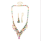 2 Piece Set - Austrian Multi Color Crystal Necklace (Size - 16-2 Inch) & Dangling Earring in Yellow Gold Plated