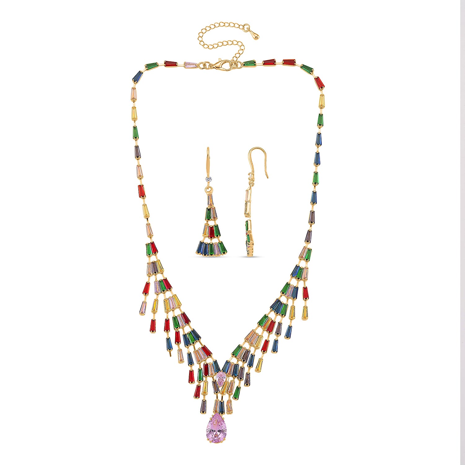 2 Piece Set - Austrian Multi Color Crystal Necklace (Size - 16-2 Inch) &amp; Dangling Earring in Yellow Gold Plated 4418752 0