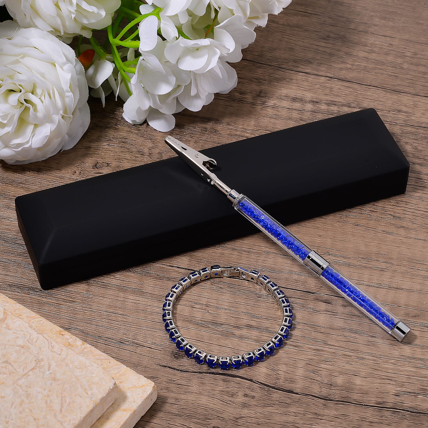 2 Piece Set - Austrian Sapphire Blue Color Crystal Bracelet (Size 7.5) &amp; Bracelet Buddy 70.00 Ct. V32517580 2