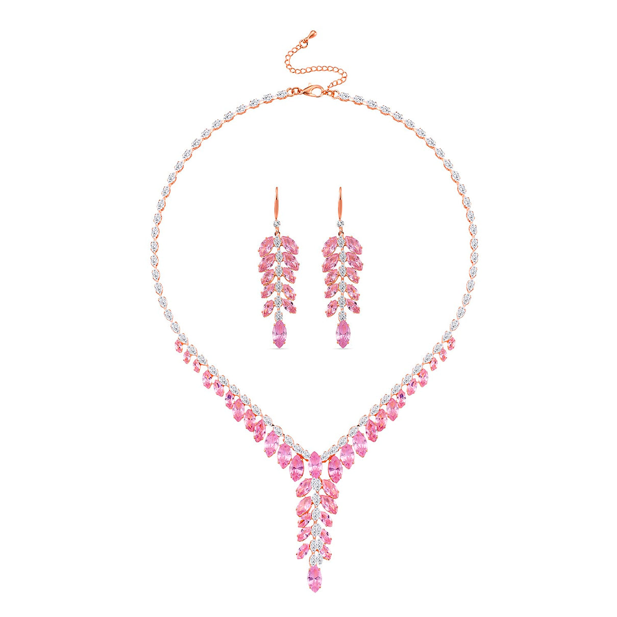 2 Piece Set - Austrian White Crystal &amp; Austrian Pink Crystal Necklace (Size - 18-2 Inch Ext) &amp; Dangling Earring in Rose Gold Plated 4418758 0