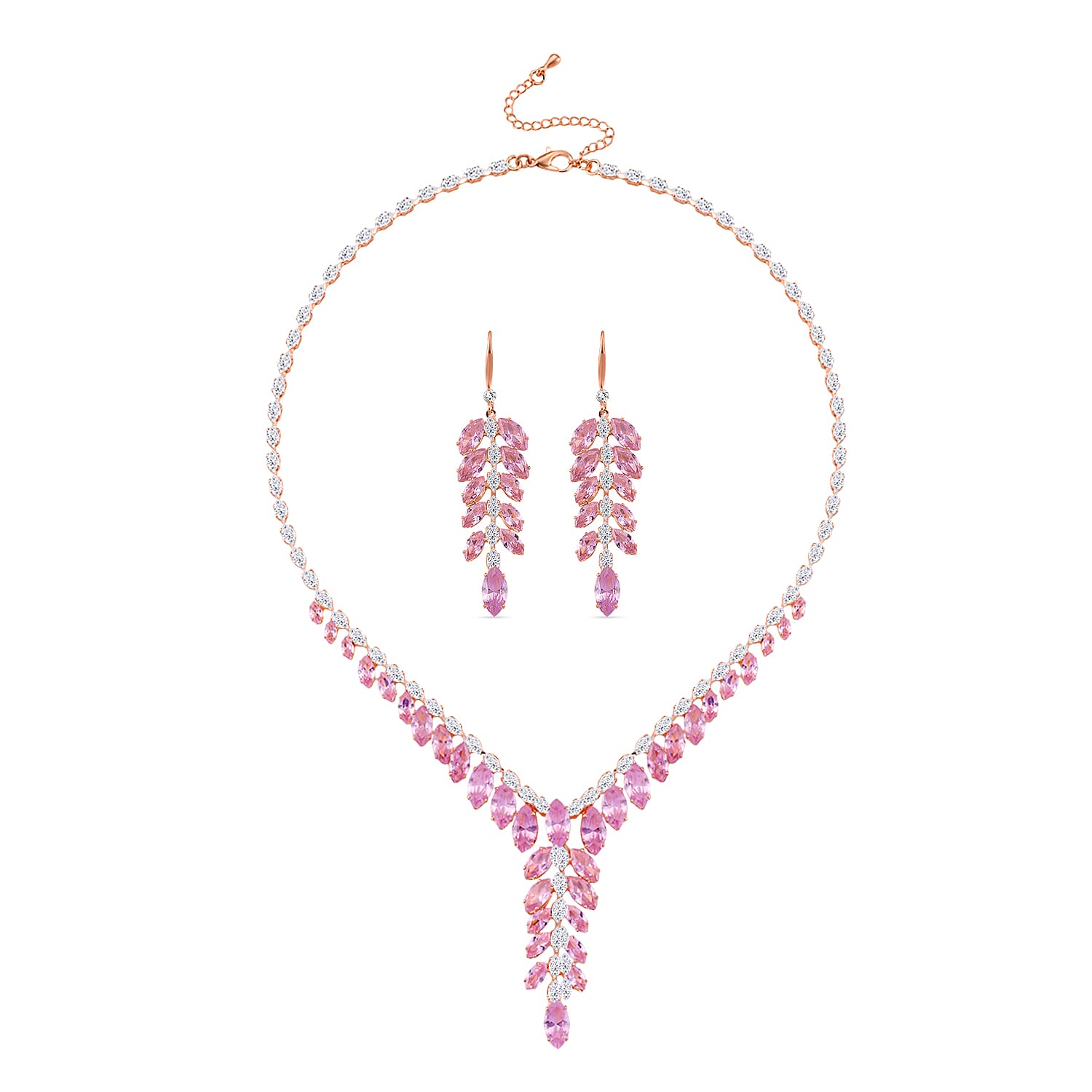 2 Piece Set - Austrian White Crystal &amp; Austrian Pink Crystal Necklace (Size - 18-2 Inch Ext) &amp; Dangling Earring in Rose Gold Plated 4418758 0