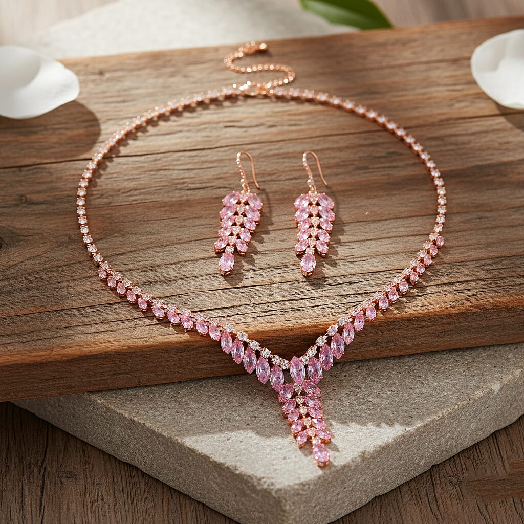 2 Piece Set - Austrian White Crystal &amp; Austrian Pink Crystal Necklace (Size - 18-2 Inch Ext) &amp; Dangling Earring in Rose Gold Plated 4418758 1