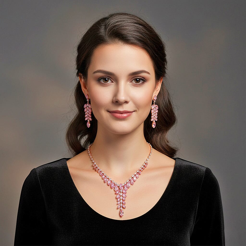 2 Piece Set - Austrian White Crystal &amp; Austrian Pink Crystal Necklace (Size - 18-2 Inch Ext) &amp; Dangling Earring in Rose Gold Plated 4418758 2