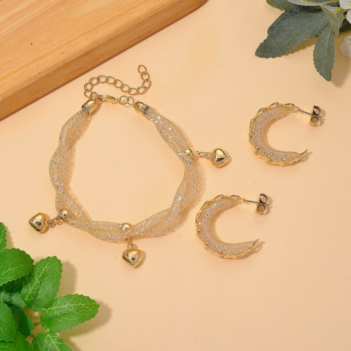 2 Piece Set - Austrian White Crystal Bracelet (Size 8.5 - 2 Ext) &amp; Earring with Push Back in Yellow Gold Plated 4403663 2