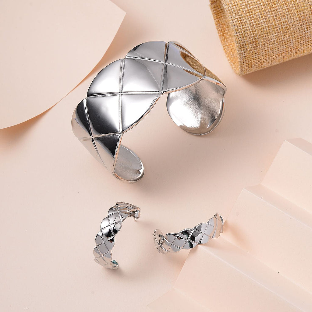 2 Piece Set - Cuff Bangle (Size 7.25) and Earrings in Silver Tone