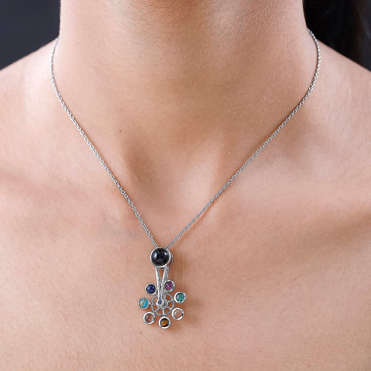 2 Piece Set - Black Onyx, Peach Moonstone, Tiger's Eye, Green Aventurine Chain and Cluster Pendant in Platinum Overlay Stainless Steel 1.55ct 2.550 Ct. 4401738 1