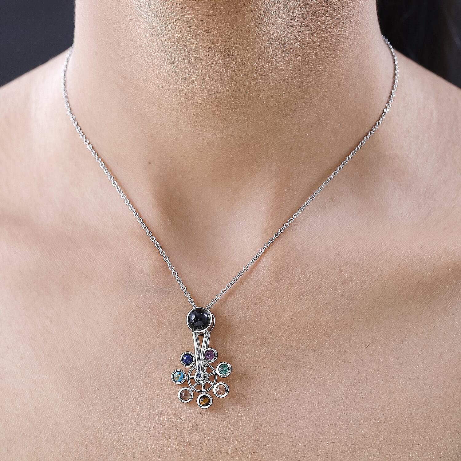 2 Piece Set - Black Onyx, Peach Moonstone, Tiger's Eye, Green Aventurine Chain and Cluster Pendant in Platinum Overlay Stainless Steel 1.55ct 2.550 Ct. 4401738 1