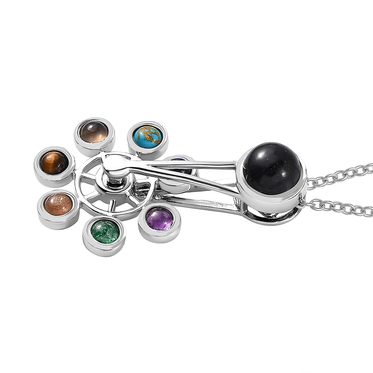 2 Piece Set - Black Onyx, Peach Moonstone, Tiger's Eye, Green Aventurine Chain and Cluster Pendant in Platinum Overlay Stainless Steel 1.55ct 2.550 Ct. 4401738 3