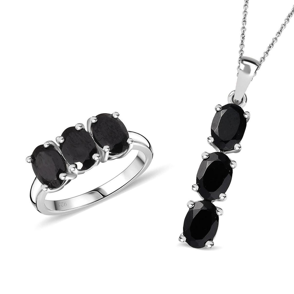 2 Piece Set -  Black Spinel Ring &amp; Pendant with Chain (Size 20) in Rhodium Overlay Sterling Silver  6.30 Ct. Size K 4277943 0