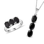 2 Piece Set -  Black Spinel Ring & Pendant with Chain (Size 20) in Rhodium Overlay Sterling Silver  6.30 Ct. Size K