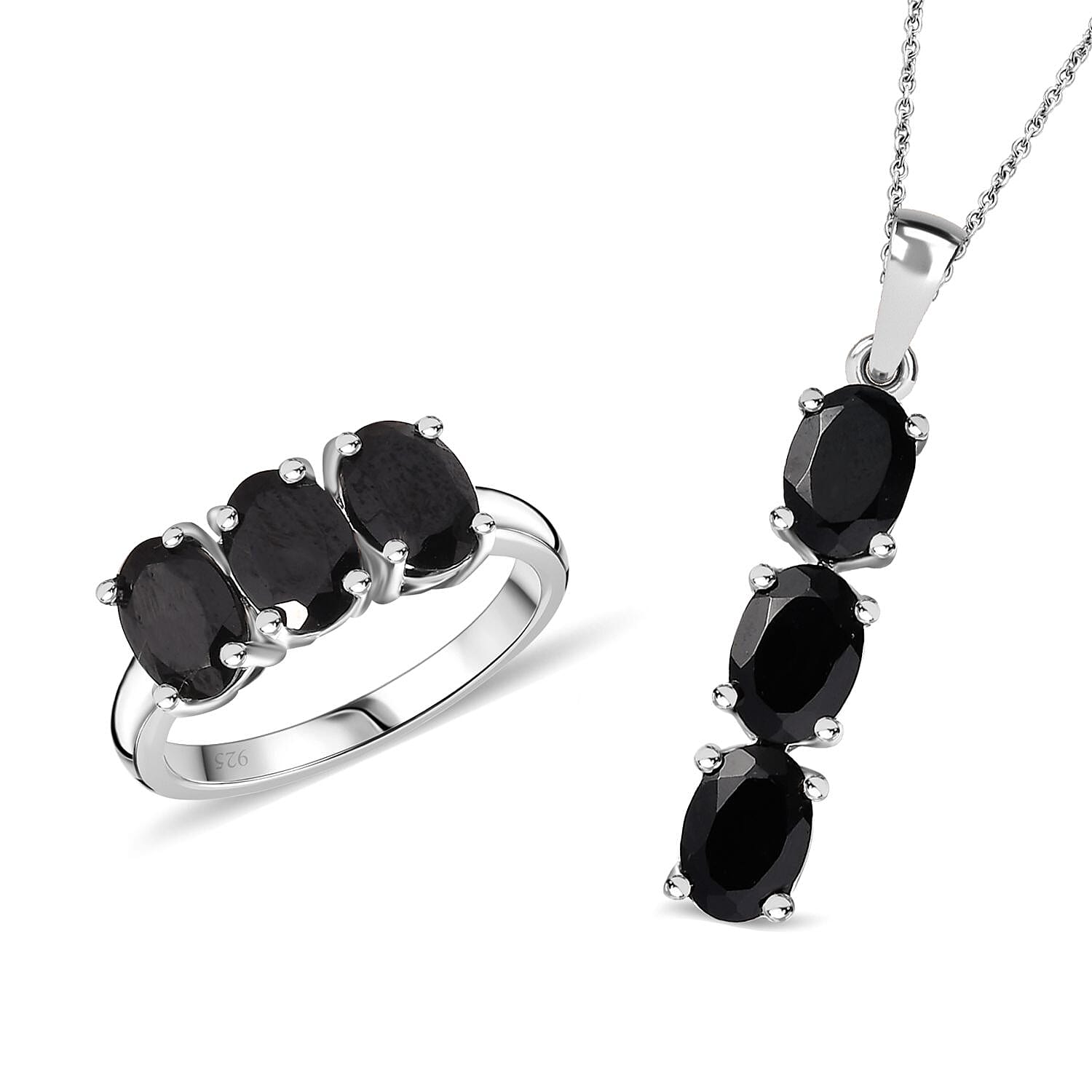 2 Piece Set -  Black Spinel Ring &amp; Pendant with Chain (Size 20) in Rhodium Overlay Sterling Silver  6.30 Ct. Size K 4277943 0