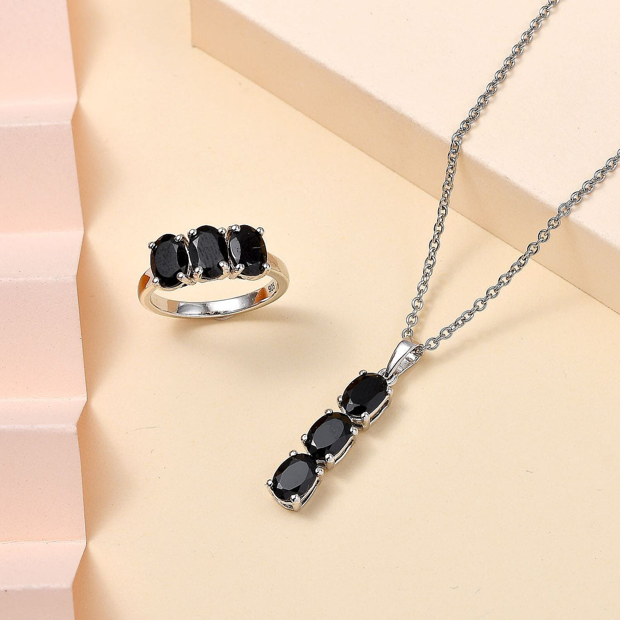 2 Piece Set -  Black Spinel Ring &amp; Pendant with Chain (Size 20) in Rhodium Overlay Sterling Silver  6.30 Ct. Size K 4277943 1