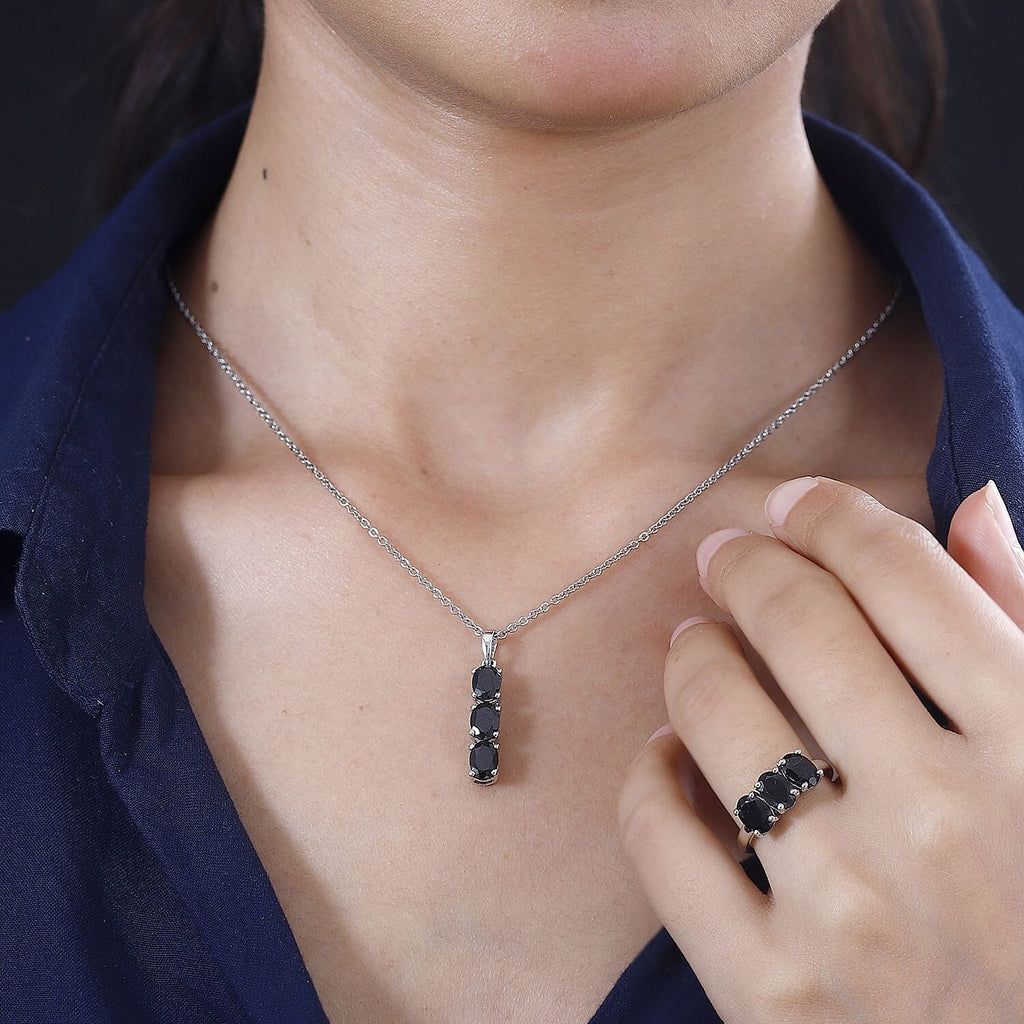 2 Piece Set -  Black Spinel Ring & Pendant with Chain (Size 20) in Rhodium Overlay Sterling Silver  6.30 Ct. Size K